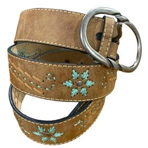 Leather Boho Hippie Floral Stitched Metal Stud Belt Sz L